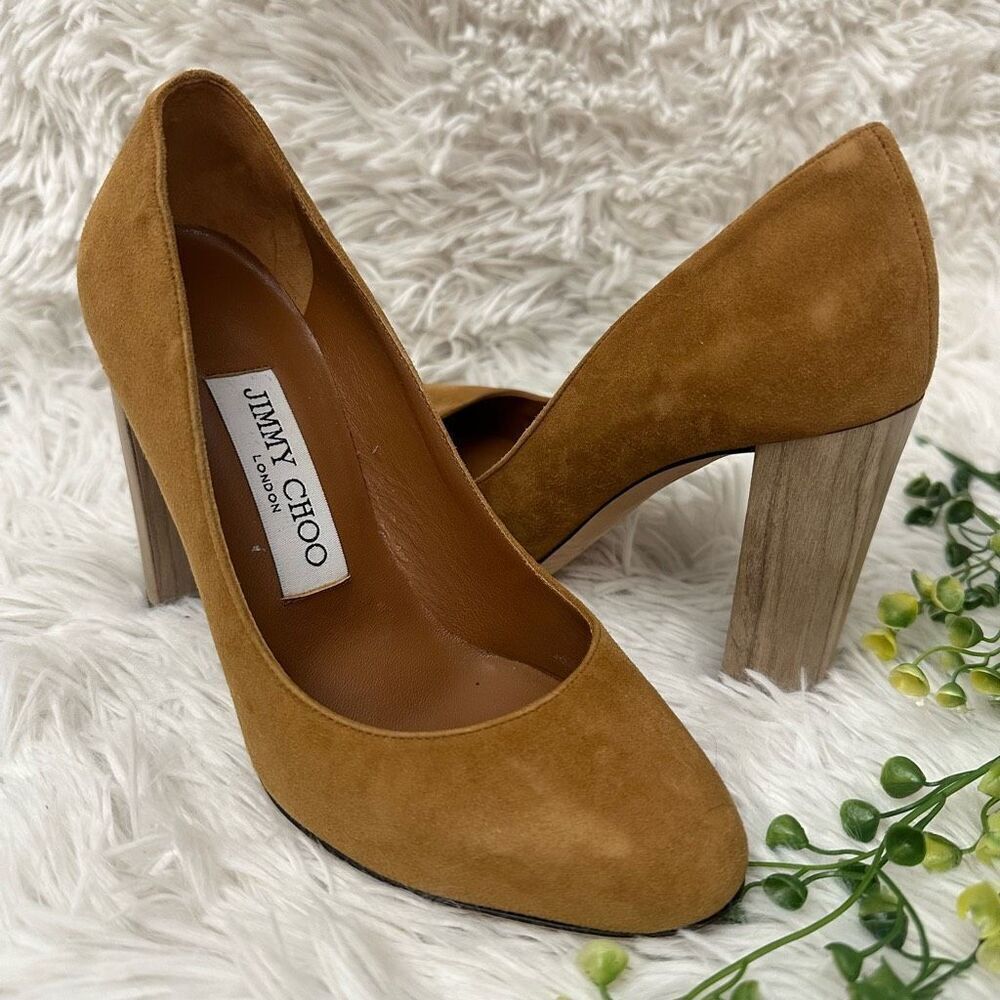 Jimmy Choo Laria Canyon Brown Suede Round Toe Wood High Heel Pump sz 34 EU/ US 4